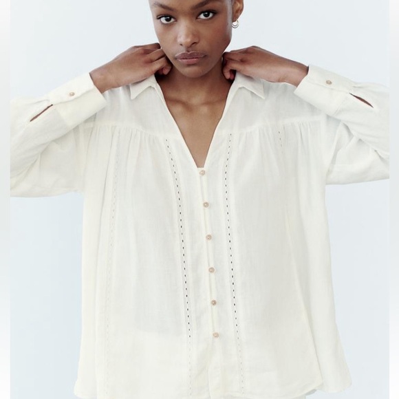 Zara long sleeve lace insert shirt embroidered blouse size Large, cotton blend - Picture 2 of 7
